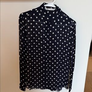 Zara Navy and White Polka Dot Button-Down Blouse